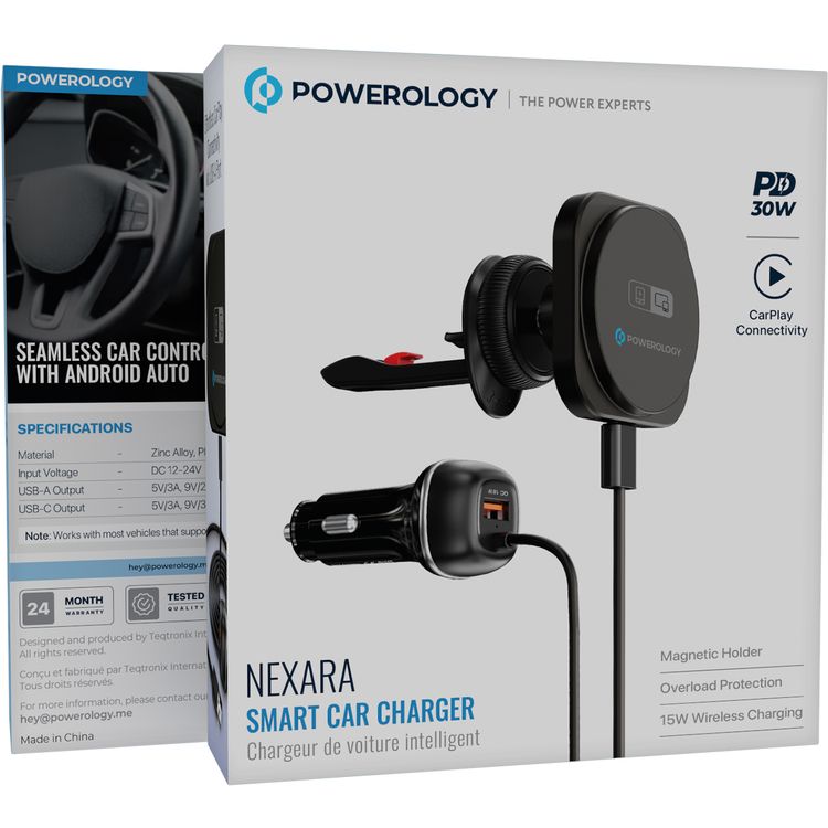 Powerology Nexara Smart Car Charger with Wireless CarPlay Support, 15W Wireless Output, 30W Power Delivery, 51W Total Output, Overload Protection - Black