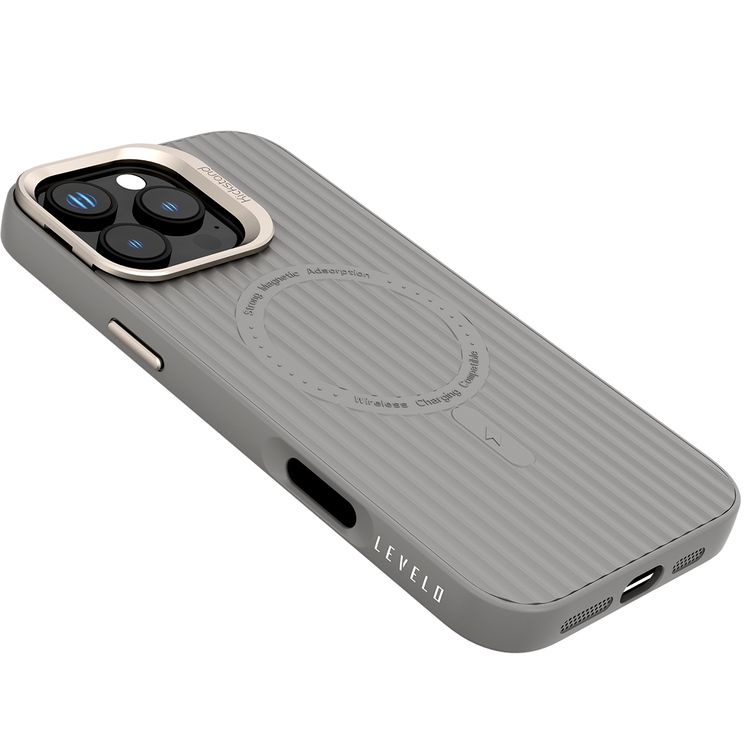 Levelo Livia Case for iPhone 16 Pro with MagSafe Compatibility, Impact-Resistant Corners, Built-in Kickstand, TPU with Silicone Surface, Metal Camera Ring - Gray