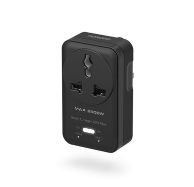Porodo Velocitas مقبس حائط AC عالمي مع شحن سريع بقوة 20 واط، مقبس حائط AC، واجهات شحن USB-C و USB-A، قوة مقيَّمة 2500 واط، جهد مقيَّم من 100-250 فولت - أسود