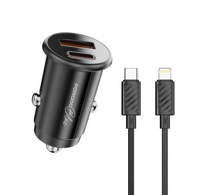 Porodo Blue Dual Port 30W Car Charger with Type-C to Ligh...