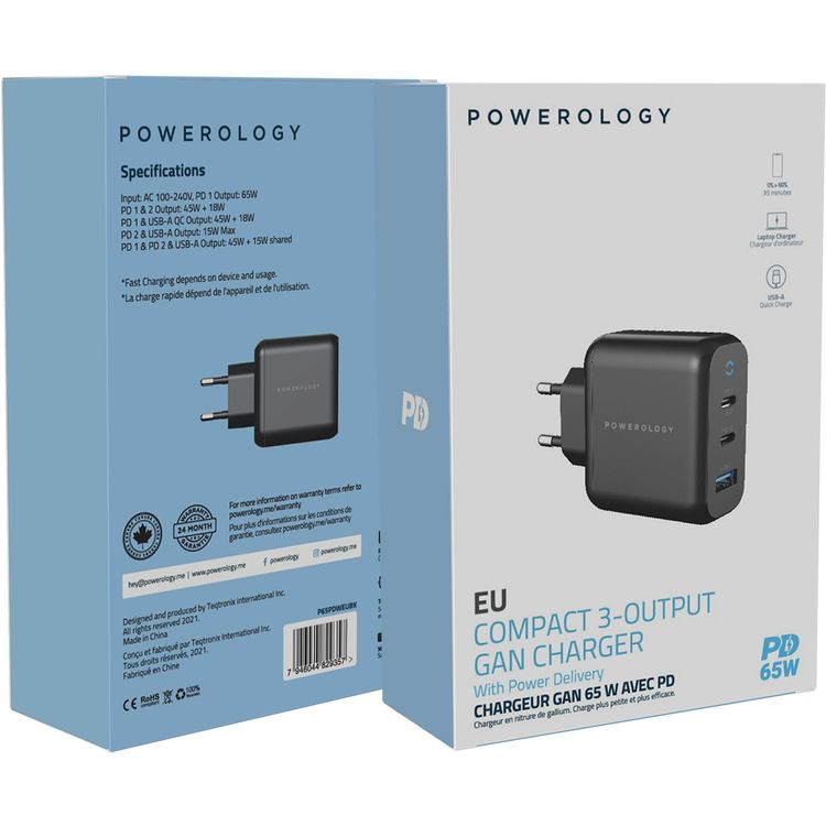شاحن Powerology Compact 3-Output EU GaN بقوة 65 واط لتوصيل الطاقة، متوافق مع شحن الكمبيوتر المحمول، شريك موثوق، شحن من 0٪ إلى 60٪ في 35 دقيقة - أسود.