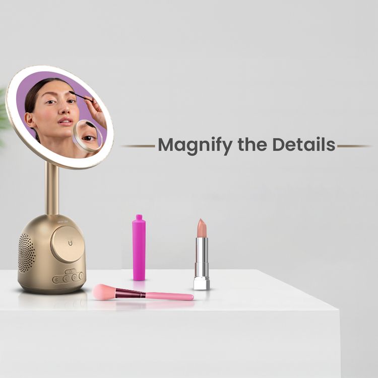 Green Lion Makeup Mirror with Bluetooth Speaker, MagSafe Charger, 3-Level LED Light, Bluetooth Version 5.1, 5000-6500K Color Temperature, 26 LED Beads, 60° Rotation, Type-C Charging Port, ABS & Glass Material - Gold