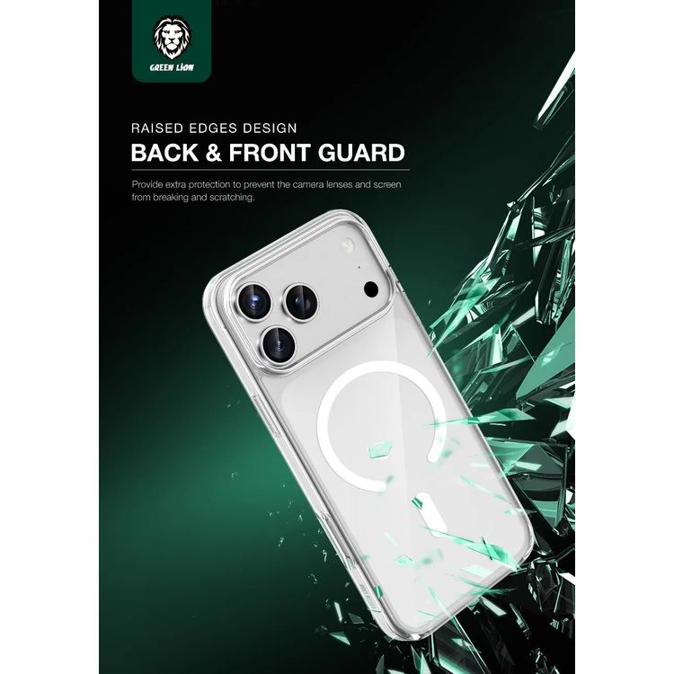 جراب Green Lion MagSafe شفاف كريستالي لجهاز iPhone 17 Pro Max، مغناطيسات قوية N52، وضوح فائق HD، حماية للكاميرا، مضاد للخدوش، حماية فائقة من السقوط، فتحات دقيقة، حماية بمستوى عسكري - شفاف