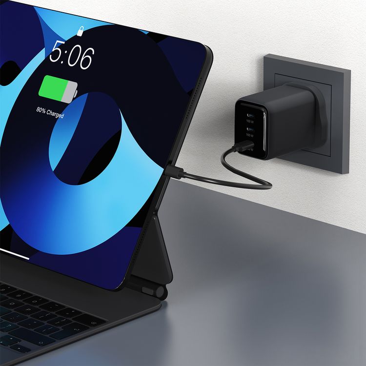 Powerology Volt-X 100W Multi-Port GaN Wall Charger with triple USB-C Ports, Advanced Safety Features, Wide Compatibility, Universal Protocol Support, Fast Charging Speed, GaN Technology, Compact Travel Size - Black