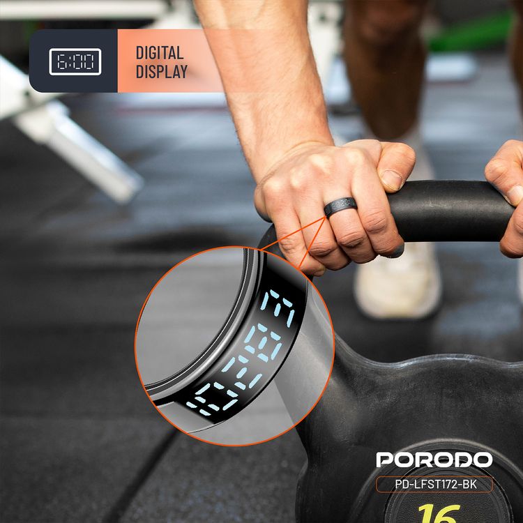 Porodo FitSync Smart Ring with Digital Display with Touch Scroll Function in Small Size 7, Up to 4 Days Active Use Time, 96KB Ram & 128KB ROM, Camera Gesture Control, Activity Tracking & 128 Sport Modes - Black
