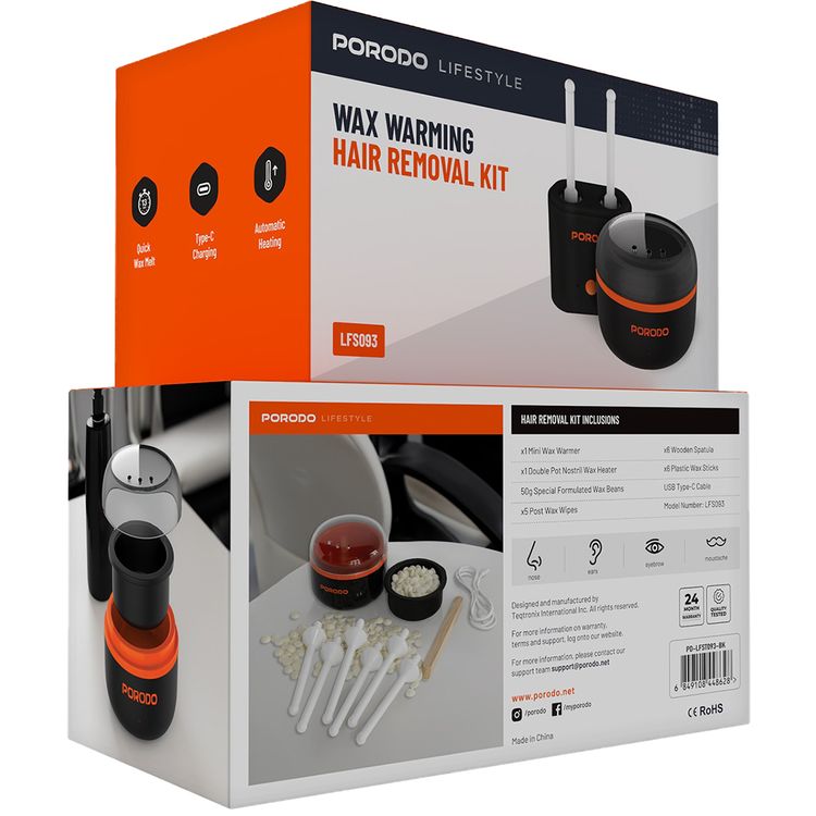 Porodo Lifestyle Wax Warming Hair Removal Kit with Automatic Heating, Type-C Charging, Quick Wax Melt, Suitable for Nose, Ears, Eyebrows & Moustache - Black