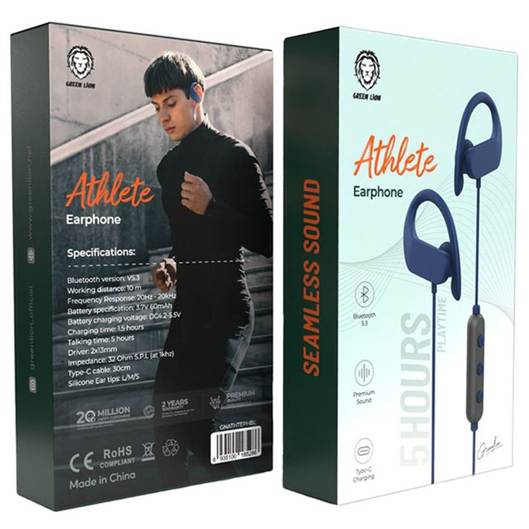 Green Lion Athlete Earphones with Premium Sound, 3 Sizes Silicone Ear Tips, Premium Sound, 10m Working Distance, 1.5 Hours Charging Time, 5 Hours Talking Time, 13mm Driver Size, Lightweight Design - Blue