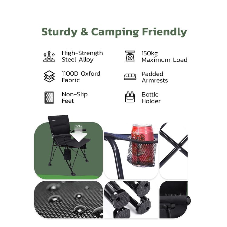 Green Lion Outdoor Camping Chair With Carrying Bag with Durable Fabric Oxford 600D Material, Bottle Holding Pocket, Camping Friendly, Easy to Carry - Dark Green