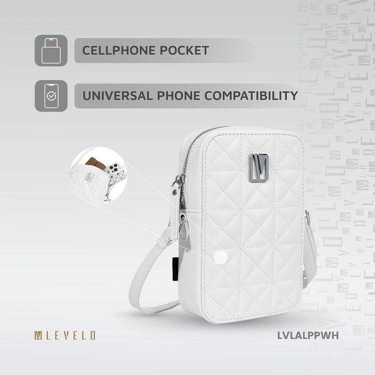 Levelo Albino Ladies Phone Pouch with Faux Leather Material, Adjustable Strap, Exquisite Safeguarding, Card & Coin Slot Included, Universal Phone Compatibility - White