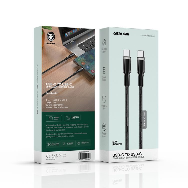 Green Lion 60W USB-C to USB-C Braided Zinc Alloy Cable, 1m Cable Length, 480 Mbps Transfer Speed, Charge & Sync - Black  
