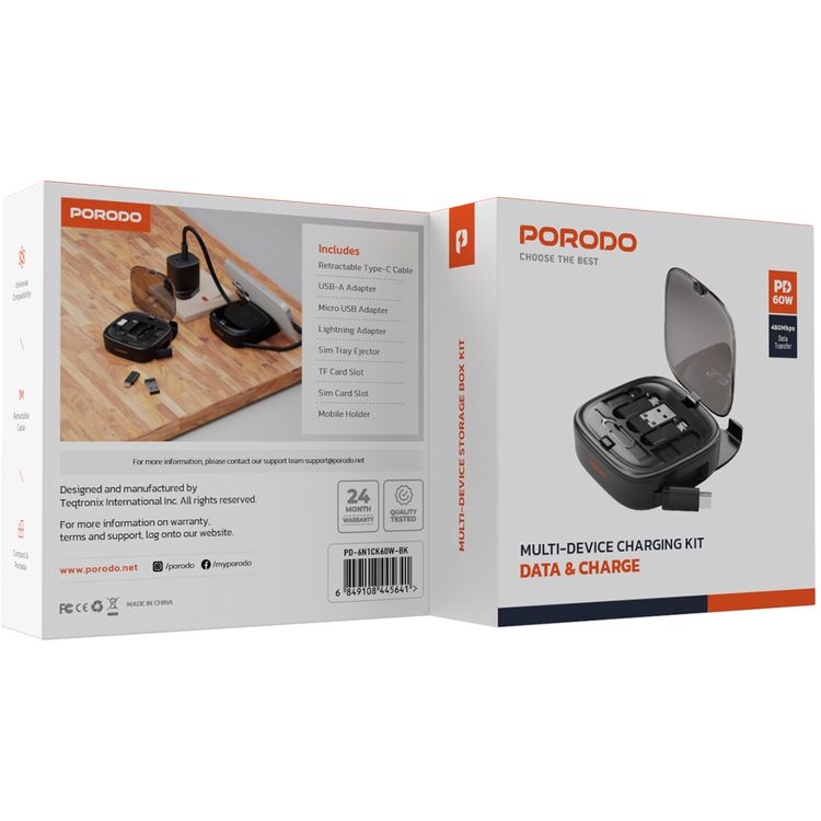 Porodo Multi-Device Charging Kit with Built-in Phone Holder, Retractable Type-C Cable, 60W Power Delivery, USB-A, Micro USB & Lightning Adapters, TF & Sim Card Slots - Black