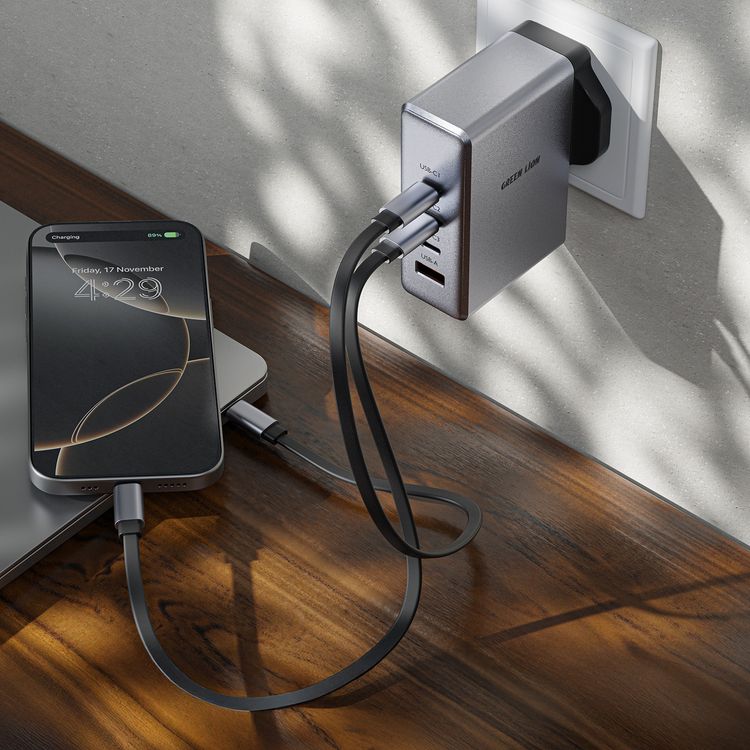 Green Lion GaN UK Plug Wall Charger with 100W Power Delivery, 0%-50% Charge in 30 Minutes, PC Flame Retardant Material, Multiple Protection, USB-C & USB-A Ports - Gray