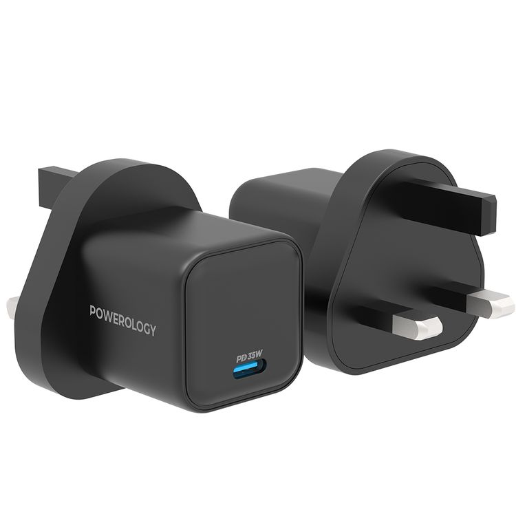 The Powerology 35W Ultra-Quick GaN Charger with UK Plug, USB-C Output Port, Fast Charge, Portable & Compact Design, Built-in Safeguards, 100-240V Input - Black