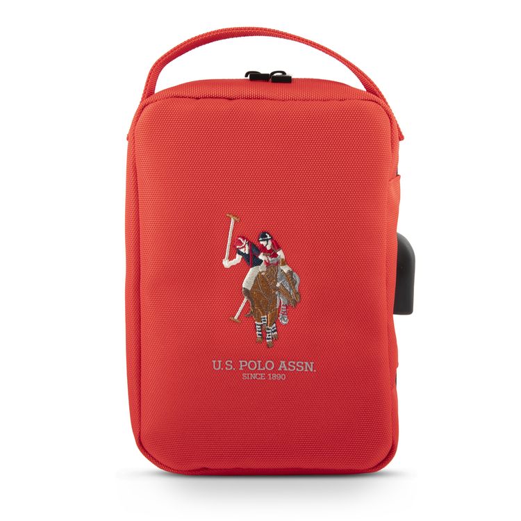 حقيبة يو إس بولو أسن نايلون للأجهزة اللوحية، مزودة بمنفذ USB، وجيب شبكي، وسحاب إغلاق، ومقابض حمل، ومساحة واسعة، وخفيفة الوزن، وسهلة الحمل - لون أحمر