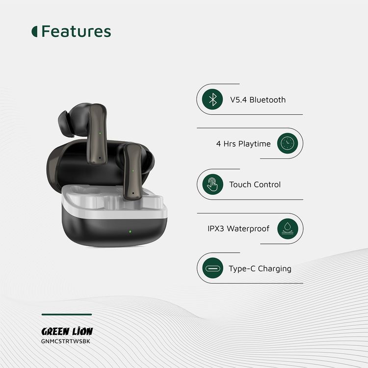 Green Lion Manchester True Wireless Earbuds with ABS Material, 25mAh Earbuds Battery, 200mAh Case Battery, Bluetooth Version 5.4, 12m Bluetooth Range, 2000 Hours Standby Time, Type-C Charging Port, 70 Minutes Charging Time, IPX3 Waterproof Level, Touch Control - Black