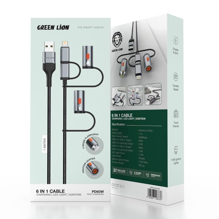 كابل الشحن متعدد الوظائف 6 في 1 من جرين لايون مع ولاعة إشعال ومصباح يدوي بوضعيتين، مصنوع من سبيكة الألومنيوم، سرعة نقل البيانات 480 ميجابت في الثانية، طول الكابل 1 متر، إخراج 60 واط من USB-C إلى USB-C، إخراج 12 واط من USB-A إلى Lightning، إخراج 60 واط من USB-A إلى USB-C، إخراج 27 واط من USB-C إلى Lightning - اللون الأسود.
