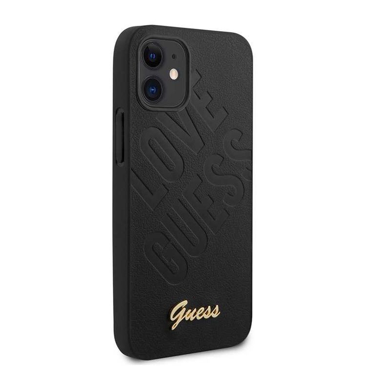 CG MOBILE Guess PU Iridescent "LOVE" Debossed Phone Case with Metal Logo Compatible for iPhone 12 Mini (5.4") Drop Protection Mobile Case Officially Licensed - Black