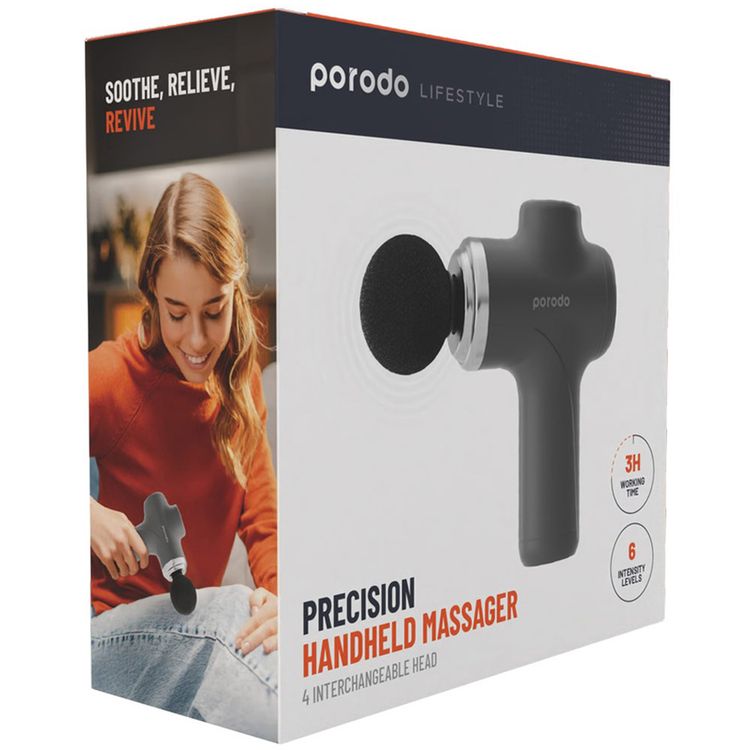 Porodo Lifestyle Precision Handheld Massager with 4 Interchangeable Heads, Up to 120 Minutes Working Time, 2 Hours Charging Time, Type-C Charging Port, 1500 mAh Battery Capacity, 15 W Rated Power, 6 Intensity Levels - Gray