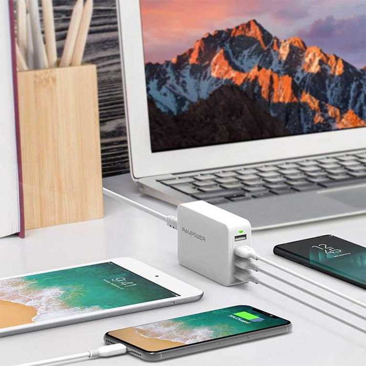 RAVPower 4-Port USB Travel Adapter 40W with Power Cord & Detachable Adapters - Portable & Sturdy Fast Charging Wall Charger with iSmart Technology & Multiple Protection - White