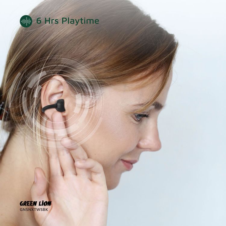 Green Lion Sonix Clip On Earbuds with Environmental Noise Cancellation, Up to 6 Hours of Playtime, 10m Transmission Range, IPX5 Waterproof Rating, Touch Control - Black