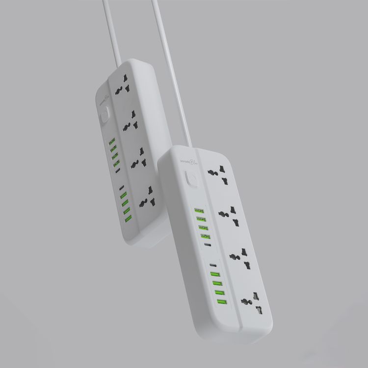 Porodo Blue Power Strip with 4 AC Sockets, Dual USB-C & 8 USB-A Ports, 3m Cable Length, 2000W AC Output, 3-Pin UK Plug, 10A Rated Current - White