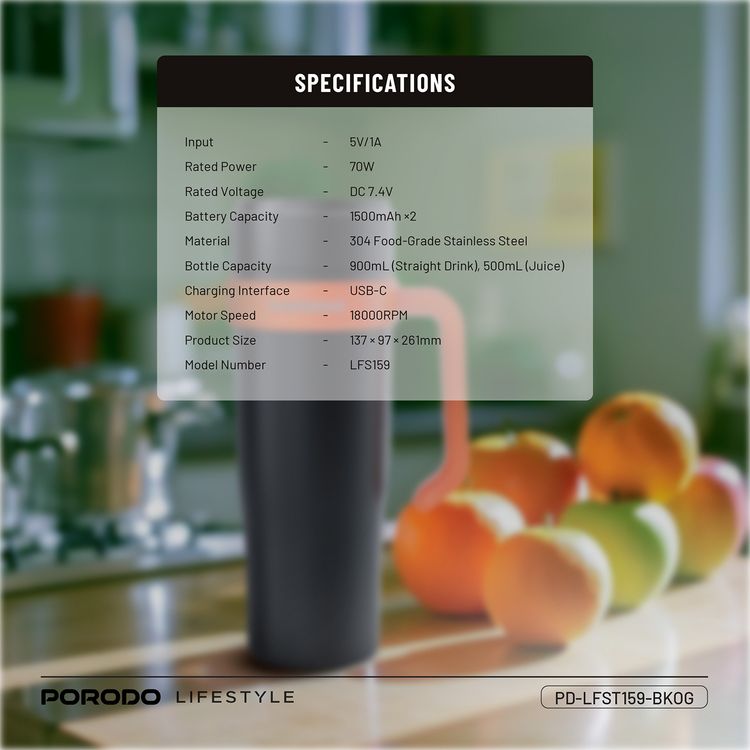 Porodo Lifestyle 6-Blade Portable Blender & Insulated Mug with 900mL Capacity, 18000 RPM Motor Speed, 70W Rated Power, 304 Food-Grade Stainless Steel Material, Keeps Hot & Cold for up to 6 Hours, 2x 1500mAh Battery Capacity, USB-C Charging Interface, Spill-free Lid Design - Black / Orange