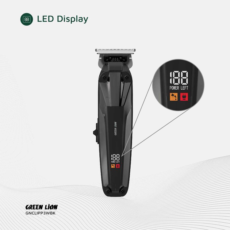 ماكينة قص الشعر الاحترافية جرين ليون كليب ماستر بشاشة LED ومفتاح تشغيل/إيقاف، ووقت عمل لمدة 3 ساعات، تعمل بسلك وبدون سلك، قوة 7200 دورة في الدقيقة، شفرة من الفولاذ المقاوم للصدأ، سعة بطارية 1200 مللي أمبير، يشمل أحجام مشط 1.5، 3، 4.5 مم - أسود.
