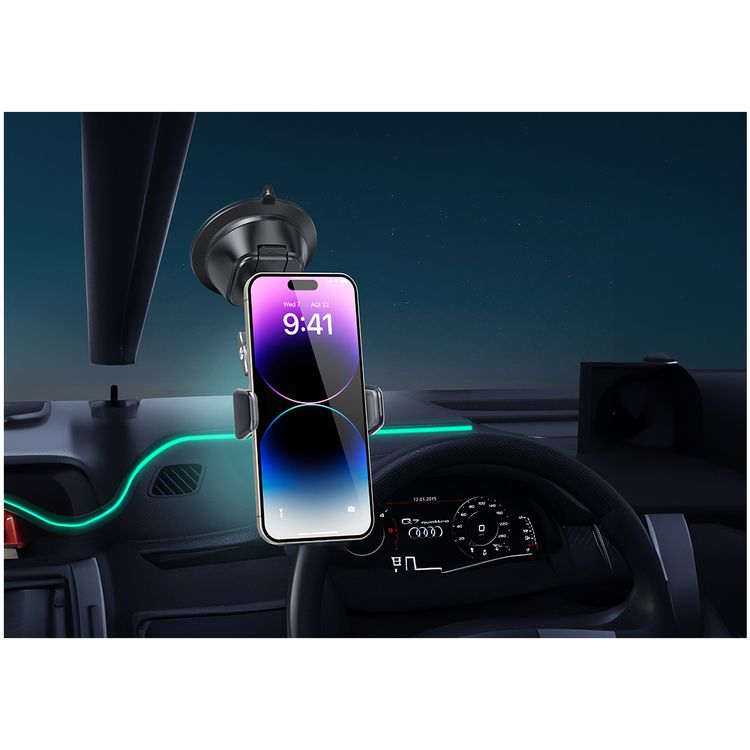 Porodo Cradle Suction Cup Non-Gel Pad Phone Mount with 360° Rotating Ball Joint, Universal Compatibility, Horizontal & Vertical - Black