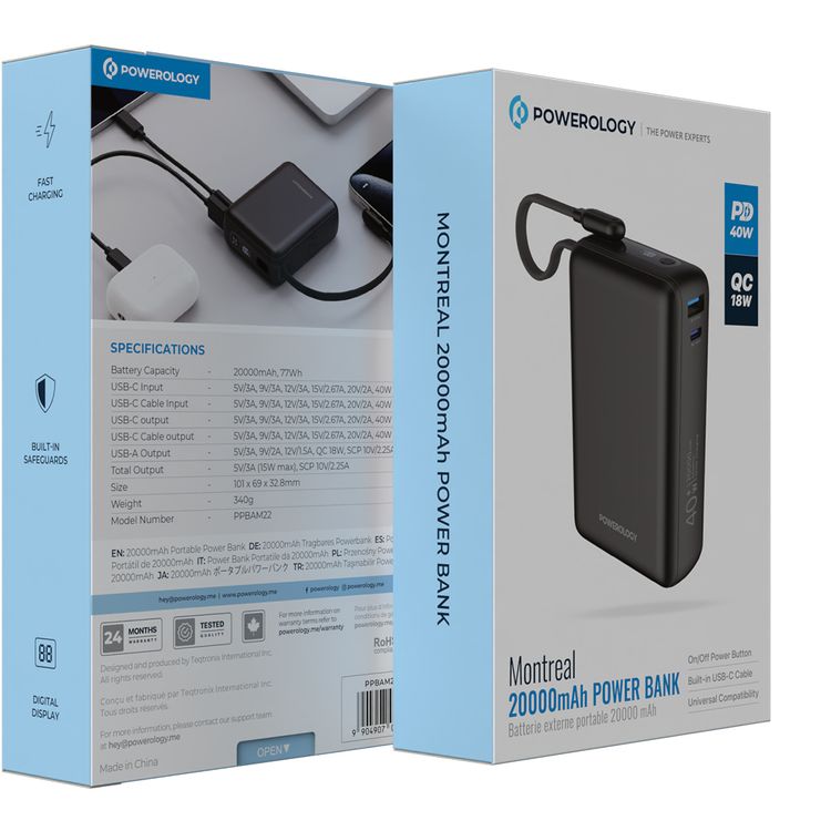 باورولوجي مونتريال باور بانك بسعة 20000 مللي أمبير مع كابل Type-باور بانك باورولوجي مونتريال 20000 مللي أمبير/ساعة مع كابل من النوع C، PD 40 واط، QC 18 واط، منافذ USB-A وUSB-C، شحن سريع، حماية مدمجة، لوحة عرض - أسودC، بقدرة 40 واط PD، و18 واط QC، ومنافذ USB-A وUSB-C، شحن سريع، وسائل حماية مدمجة، لوحة عرض،
