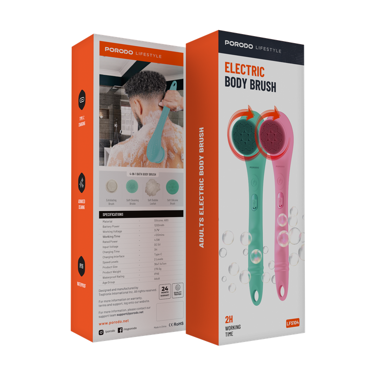 Porodo Lifestyle Electric Body Brush, Soft Bubble Loofah, Soft Cleaning Bristle, 2 Levels Speed, Type-C Charging Port, Soft Silicone Brush - Pink