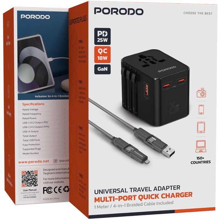 Porodo Universal Travel Multi-port Quick Charger with 2500W Max Rated Power, 15W Max Total Output, 18W Max USB-C Outputs (PD), 18W Max USB-A Output, 1m 4-in-1 Braided Cable, GaN Fast Charging Technology, Built-in Safety Protection - Black