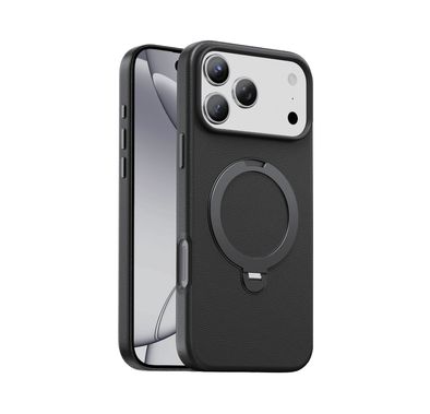 Green Lion Minster Leather MagSafe Case with Foldable Stand Design for iPhone 17 Pro Max, Anti-Fingerprint, 360° Rotatable Stand, Anti-Scratch, Camera Protection, Comfortable Grip - Black