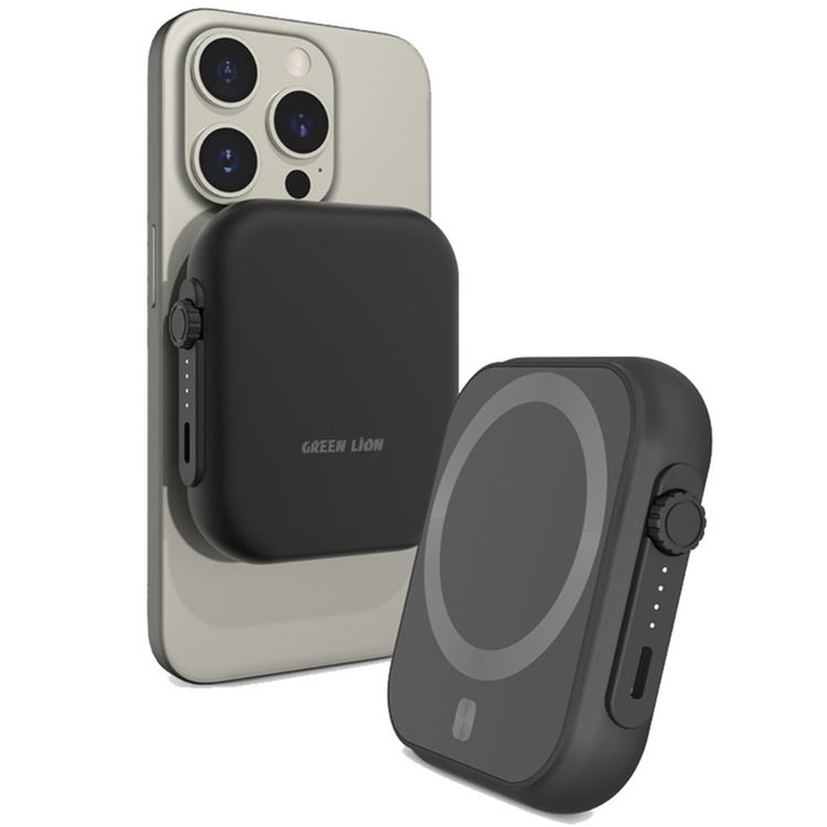 Green Lion MagSafe Trio Power Bank, 5000mAh Polymer Battery, Wireless Fast Charging, LED Power Indicator, PD 20W Charging, Type C Input - Black