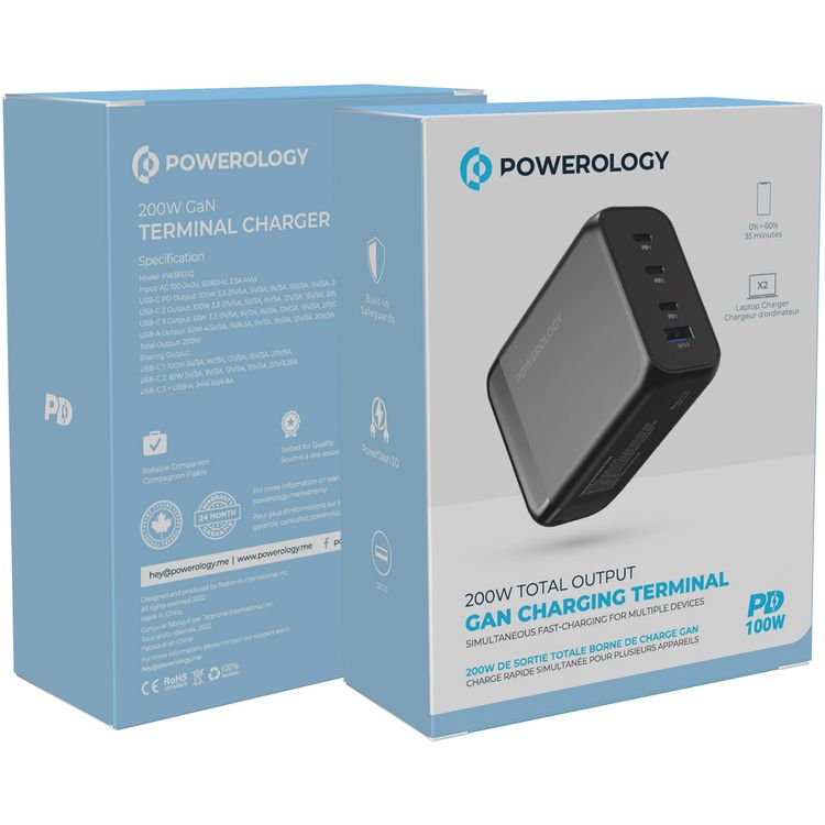 Powerology 200W GaN Smart Terminal with Simultaneous Charging, 100W PD Charging, 0% to 60% Charge in 35 Minutes, Built-in Safeguards, 60W USB-A Output - Black
