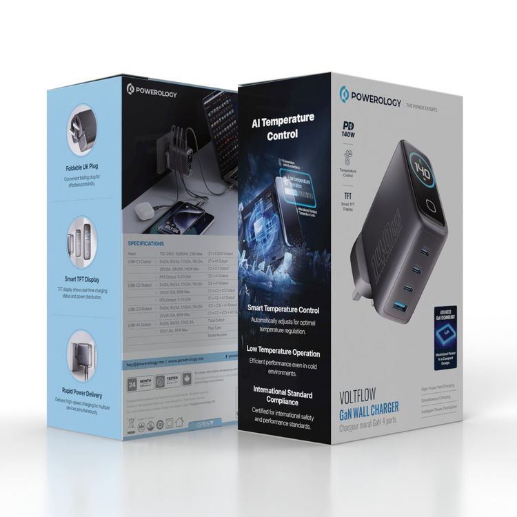 Powerology Voltflow GaN Wall Charger with PD 140W, Single USB-A & Triple USB-C Ports, Ai Temperature Control, Fast Charge Support, Multiple Device Compatibility, TFT Smart Display Interface - Black