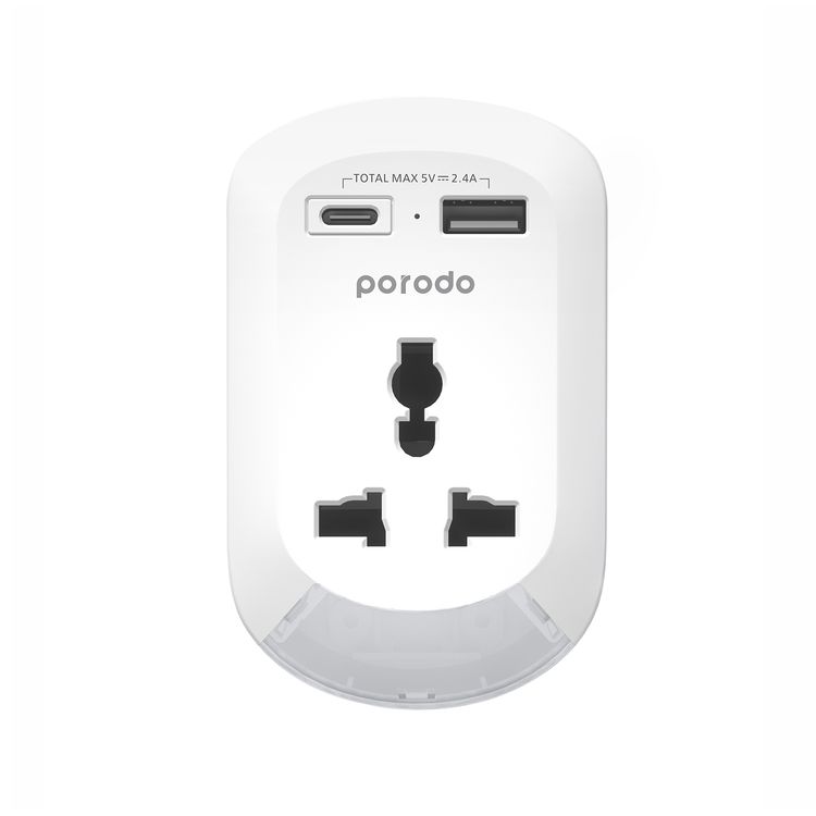 محول Porodo Universal AC مع قابس المملكة المتحدة، ضوء ليلي، قدرة 2500 واط، شحن متزامن، مخرج USB-C و USB-A بقدرة 12 واط، سطوع قابل للتعديل - أبيض