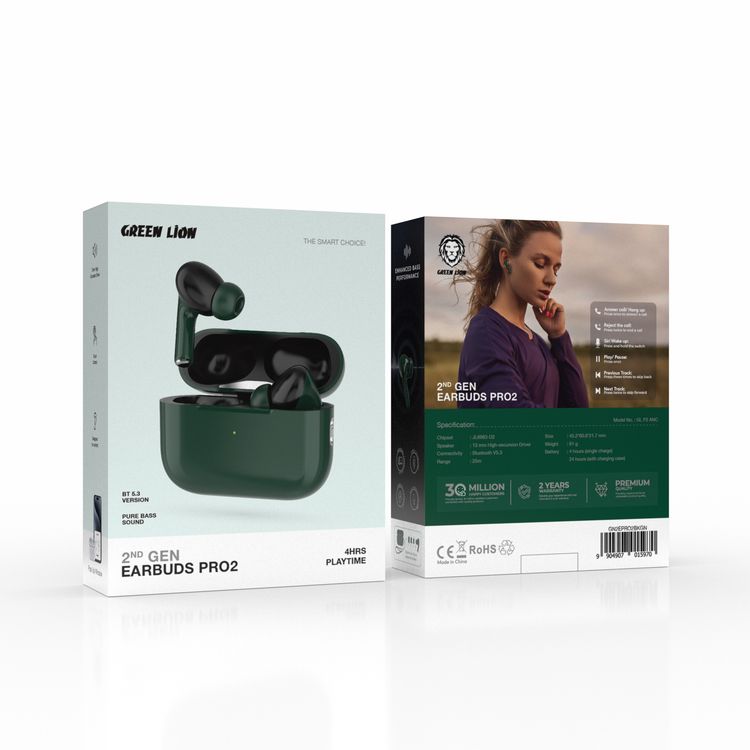 جهاز Green Lion 2nd Gen Earbuds Pro2 مع إلغاء الضوضاء النشط (ANC)، شحن Type-C، توافق عالمي، شحن لاسلكي، ميكروفون مدمج، أطراف أذن من السيليكون وحبل مرفق، محرك الرحلة العالية 13 مم، مدة تشغيل 4 ساعات، صوت جهير نقي - أسود / أخضر