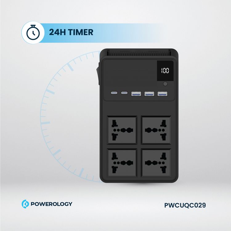 مشترك طاقة Powerology 2500 واط مع 4 مقابس تيار متردد وكابلات مدمجة قابلة للسحب، 5 منافذ USB، مخرجات USB-C وLightning، أدوات حماية مدمجة، مادة مقاومة للحريق، مؤقت 24 ساعة، شحن متزامن، طول الكابل 70 سم وطول سلك الطاقة 3 متر - أسود