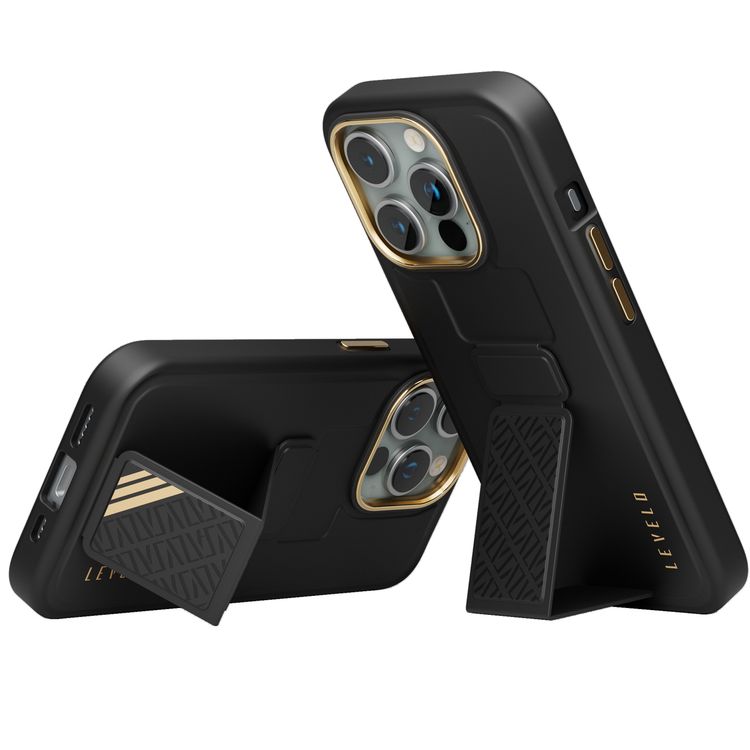 Levelo Morphix Cuero Gripstand Case for iPhone 15 Pro, Multi-Positioning Modes, PU Leather Material, Shock-Proof Edges - Black