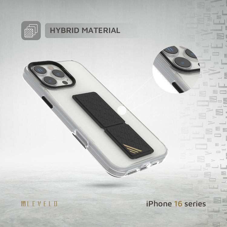 Levelo Morphix Clara Case for iPhone 16 Pro, Hybrid Material, Impact-Resistant Corners, Built-in Leather Grip, Metal Camera Ring - Black