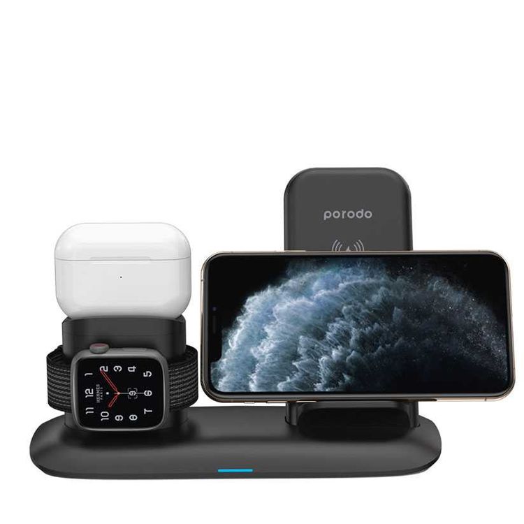 Porodo 4-in-1 Charging Hub, Wireless Charging Station, Fast Wireless Charger Compatible for Airpods 1/2/3 and Airpods Pro - Black