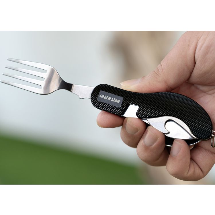Green Lion 4 in 1 Cutlery Set with Innovative Design, Lightweight & Compact, Easy to Use, Spoon, Fork, Knife, Bottle Opener - Black