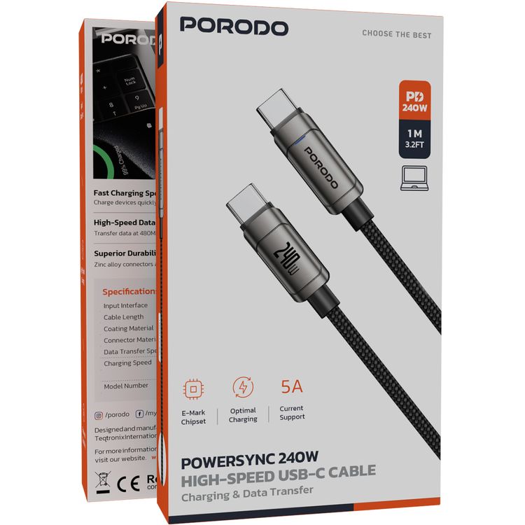 Porodo PowerSync 240W High-Speed USB-C to USB-C Cable, 1m Cable Length, Woven Cotton Coating Material, Zinc Alloy Connector, Tangle-Free Design - Gray