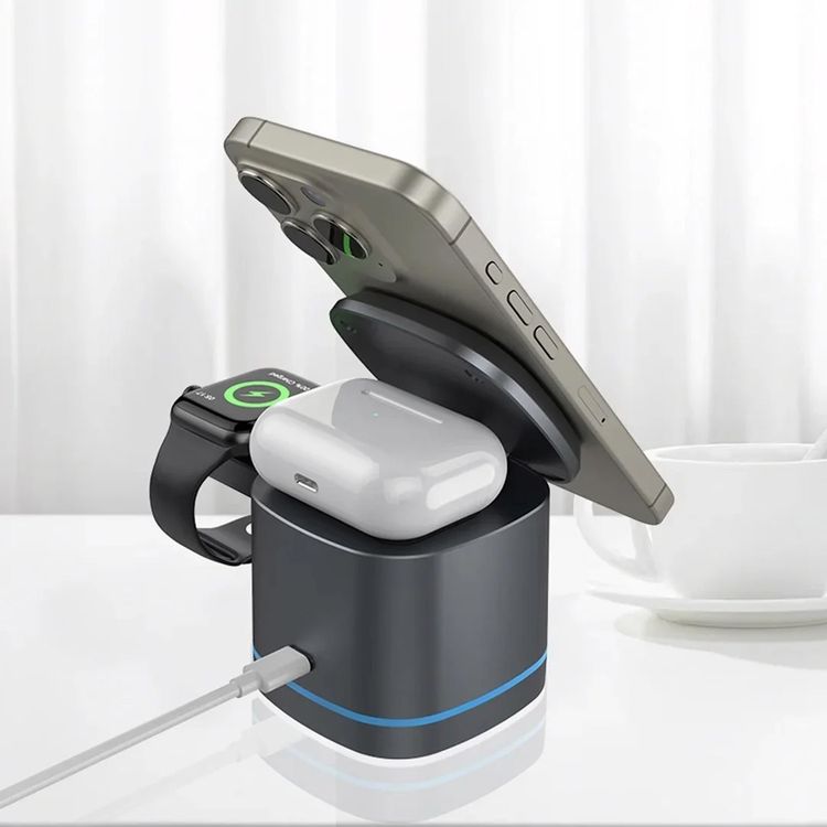 PAWA cube 3in1 Magnetic Multi Charger - black With Atmospheric Light with strong magnetic suction, monochrome atmospheric light, fast charging