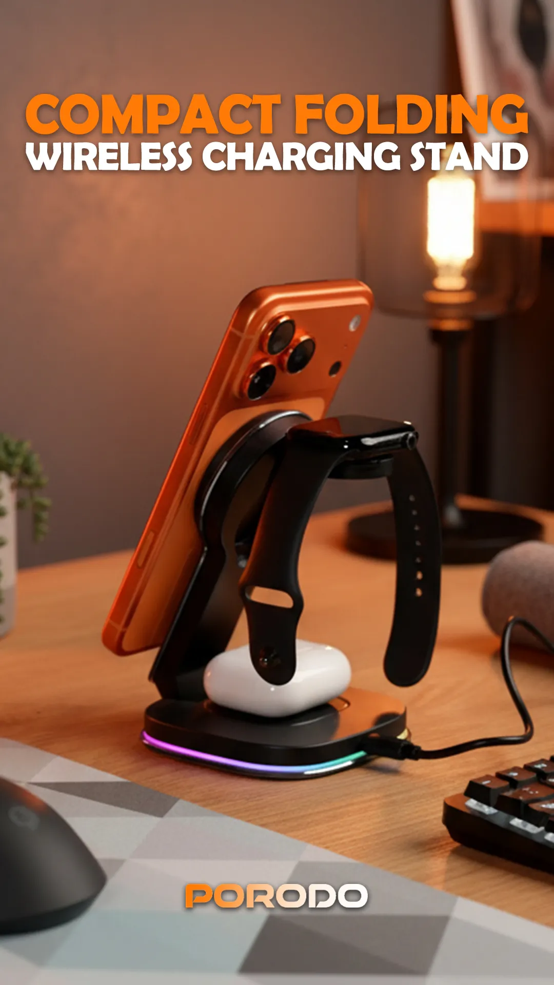 Porodo Compact Folding Wireless Charging Stand with 15W Wireless Output, Folding Design, 2.5W Watch Output, One-Touch Light Control, RGB Lights - Black