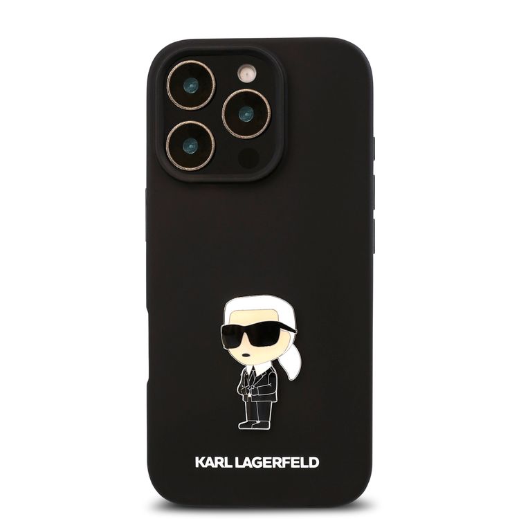 جراب صلب من السيليكون TPU من Karl Lagerfeld مع شعار Ikonik لأيفون 16 برو، مادة متينة، قبضة مريحة وآمنة، خفيف الوزن ونحيف - أسود
