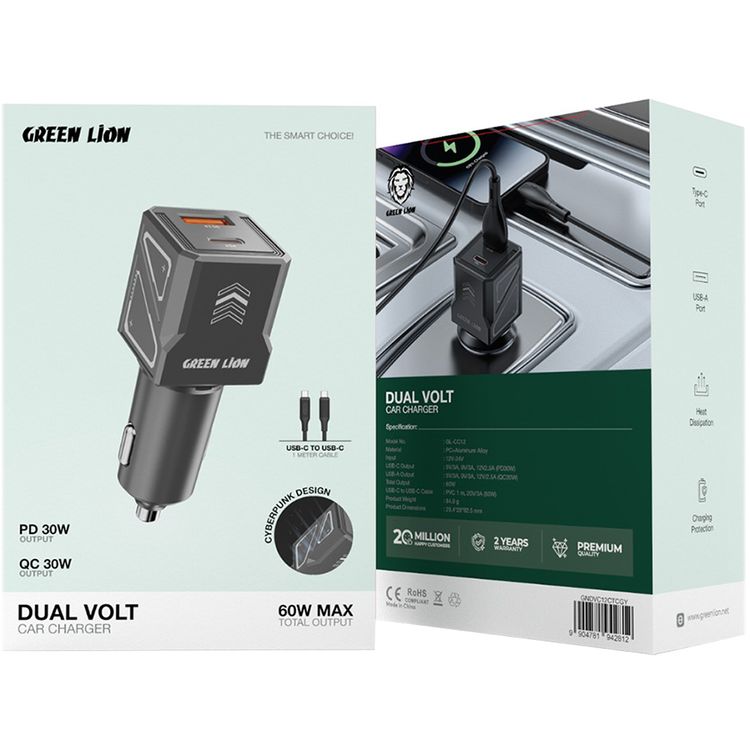 Green Lion Dual Volt Car Charger with Type-C to Type-C Cable, PD 30W, QC 30W, USB-A & USB-C Ports, 60W Total Output, Heat Dissipation, Charging Protection - Gray