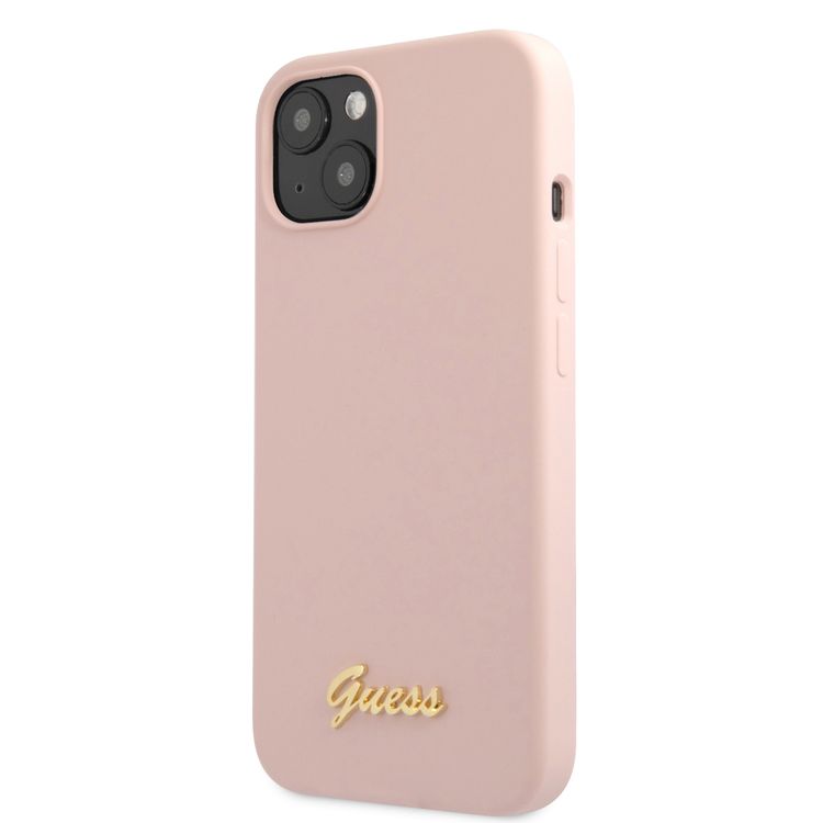 CG MOBILE Guess Liquid Silicone Case with Gold Metal Logo Script Compatible for iPhone 13 (6.1") Anti-Scratch, Easy Access to All Ports, Shock Absorption