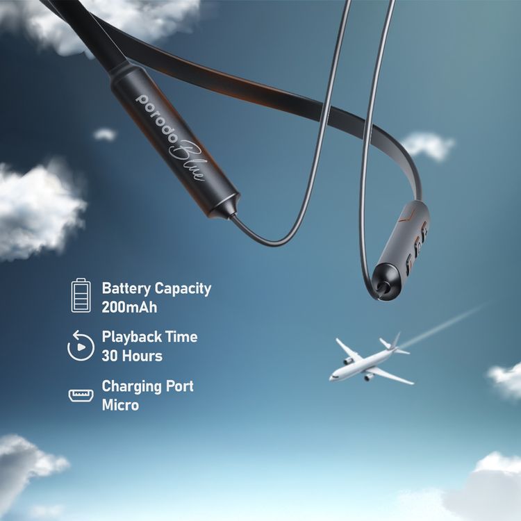Porodo Blue ENC Neckband Earphones with Deep Bass, Comfortable Fit Design, Compact and Sturdy, 200mAh Battery Capacity, 1.5 Hours Charging Time, 28 Hours Playback Time, Micro USB Charging Port, More than 15m Transmission Distance - Black