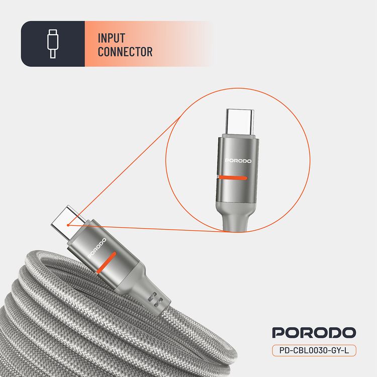 Porodo Type-C to Lightning Magnetic Braided Cable with 30W Power Delivery, 1.2m Cable Length, More than 15,000 Bends Lifespan, Tangle-Free Design - Gray
